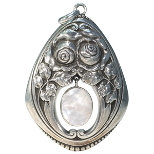 Silver Rose Motif Mother of Pearl Pendant German Jugenstil