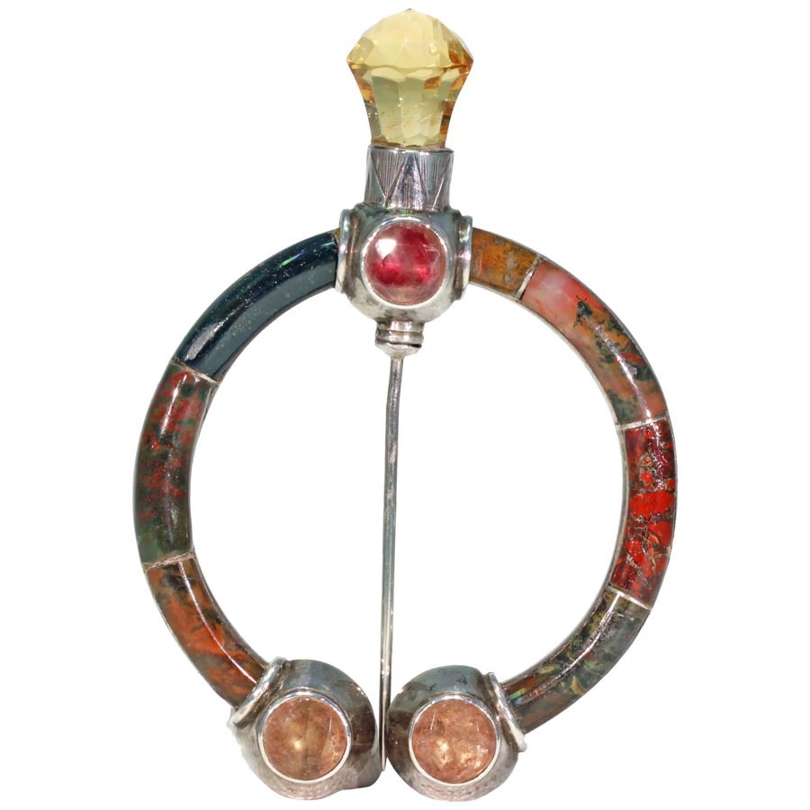 Silver Victorian Scottish Penannular Agate Citrine Brooch Pin