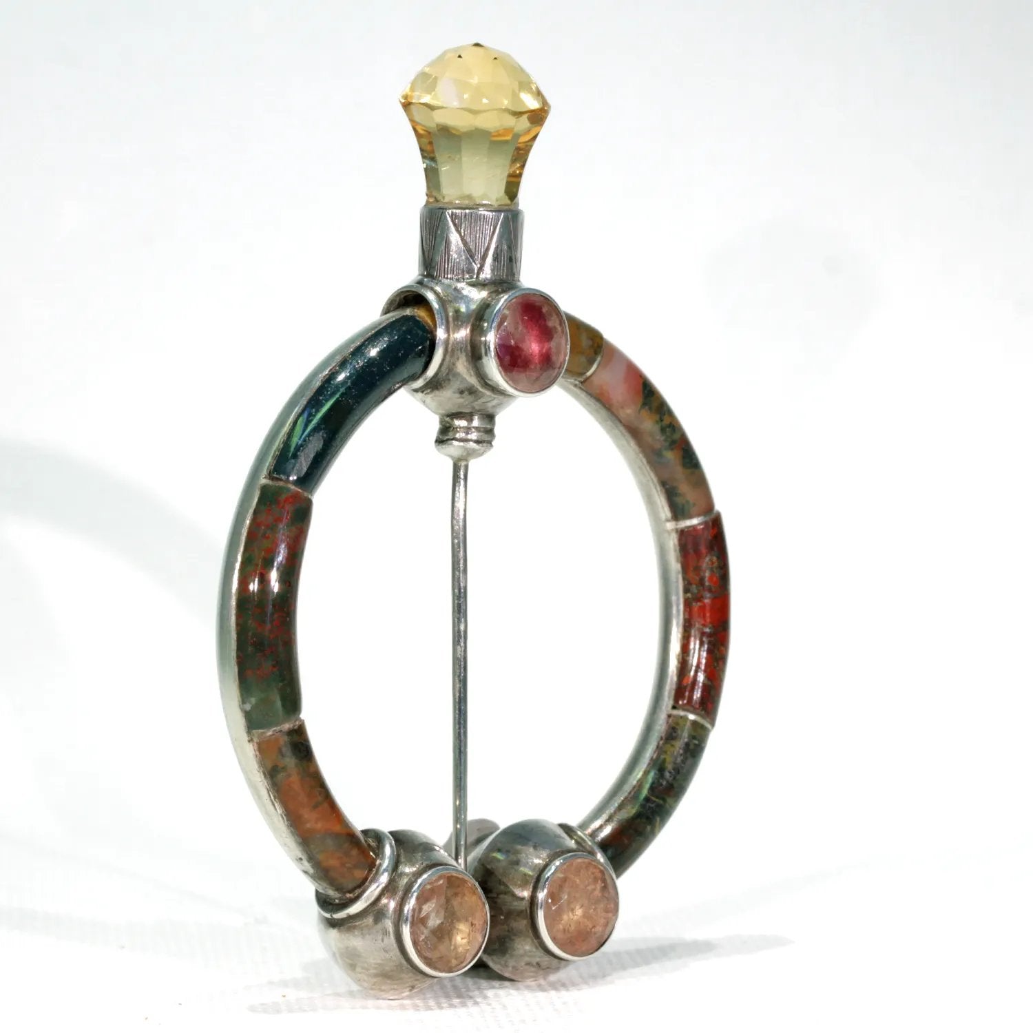 Silver Victorian Scottish Penannular Agate Citrine Brooch Pin