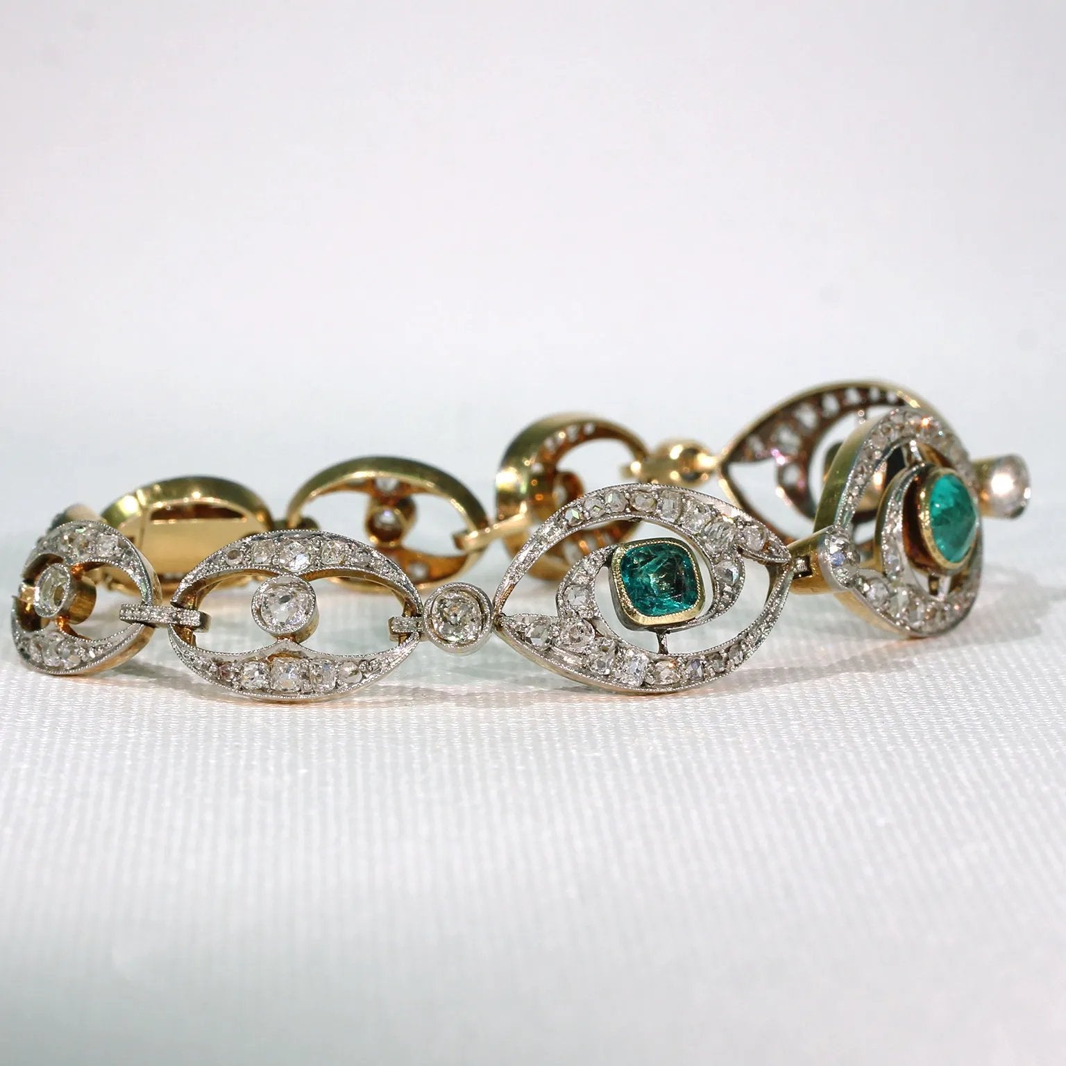 Stunning French Edwardian Emerald Diamond Bracelet 18k Gold Platinum