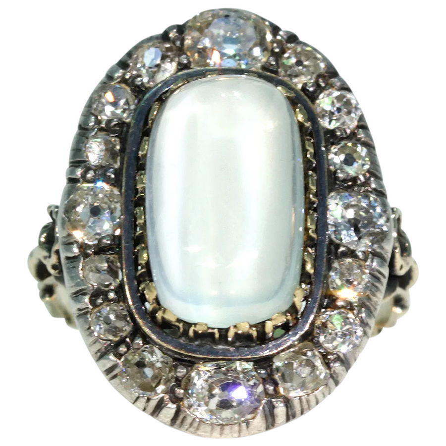 Stunning Victorian Diamond Moonstone Cluster Ring 15k Gold Silver