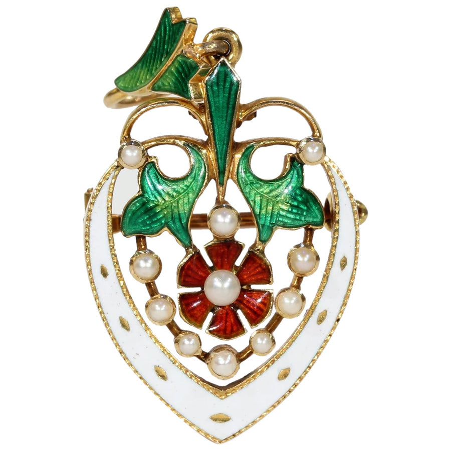 Stunning Victorian Enameled Heart Rose Pendant Brooch Pin