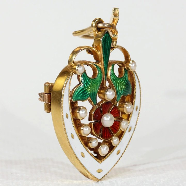 Stunning Victorian Enameled Heart Rose Pendant Brooch Pin