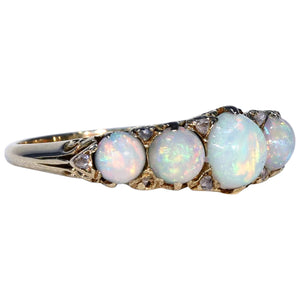 Victorian 5 Stone Opal Diamond Ring Half Hoop 18k Gold