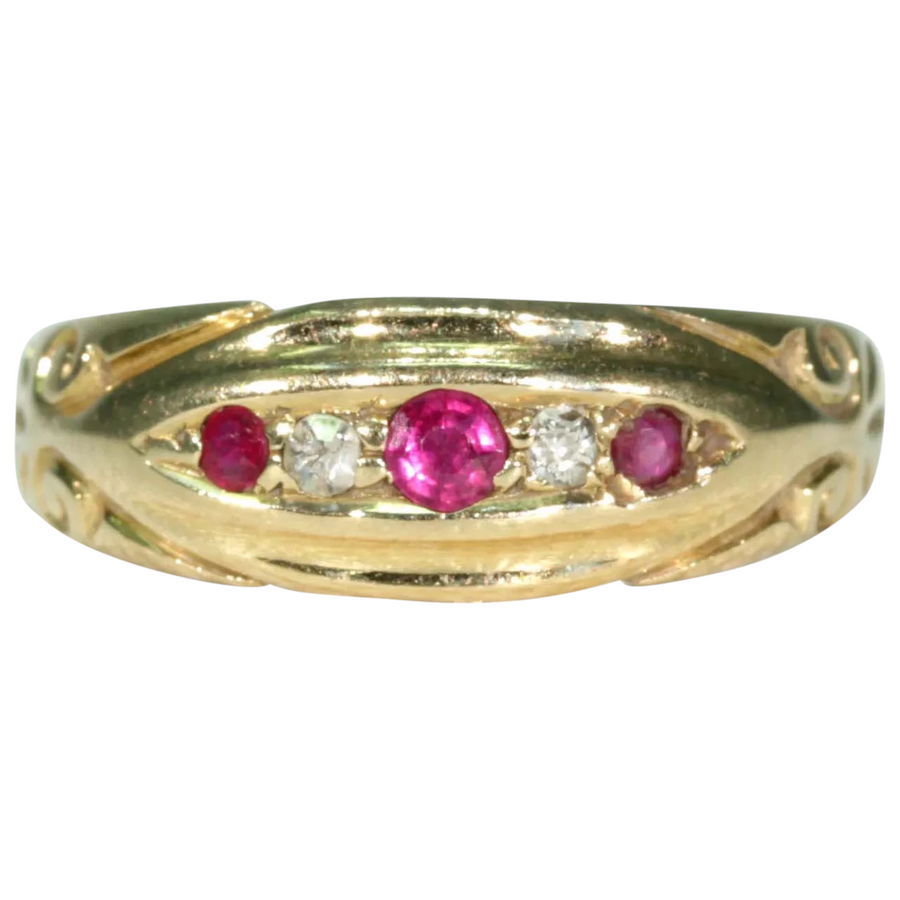 Victorian 5 Stone Ruby Diamond Ring 18k Gold