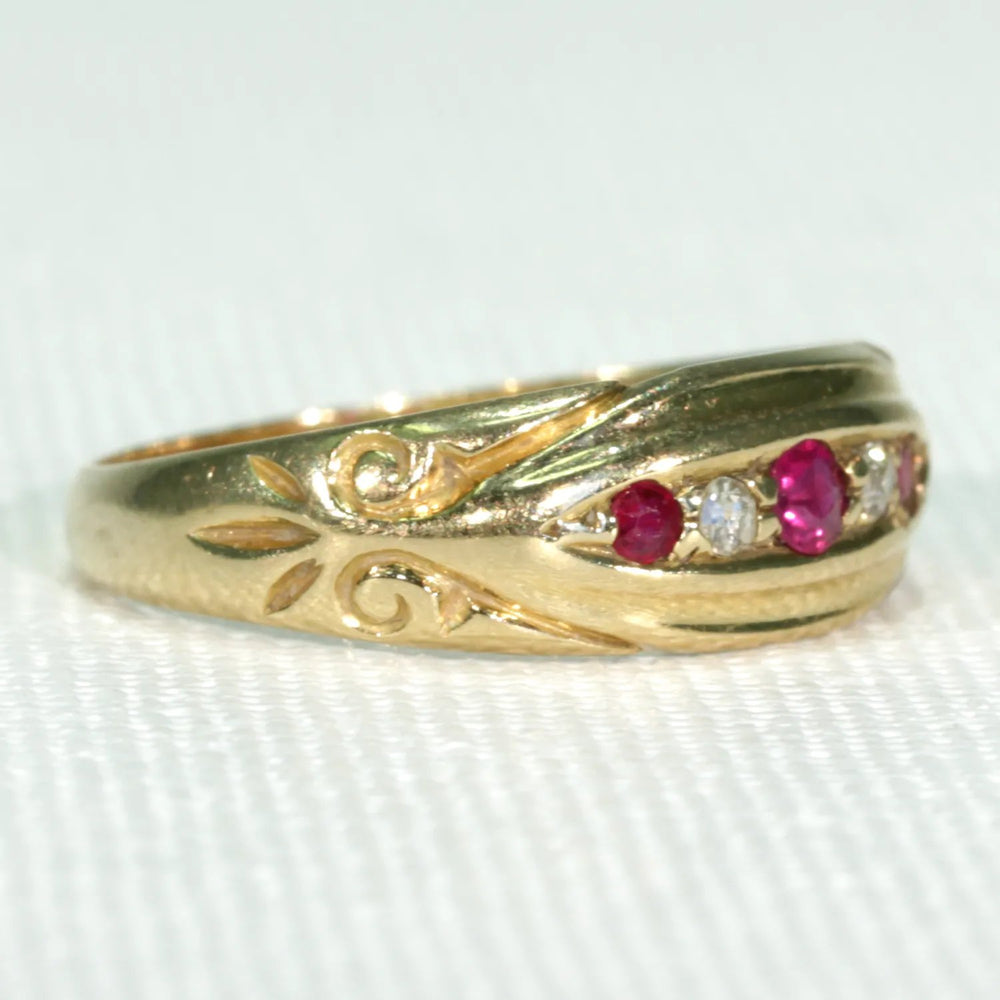 Victorian 5 Stone Ruby Diamond Ring 18k Gold