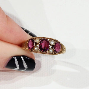 Victorian Almandine Garnet Pearl Ring Gold