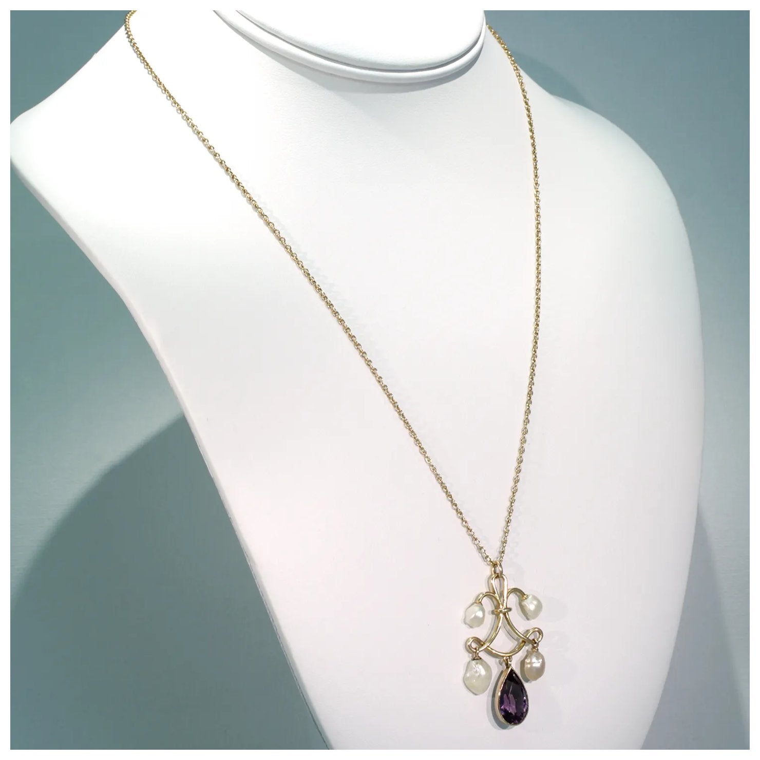 Victorian Amethyst Pearl Gold Necklace Pendant Chain