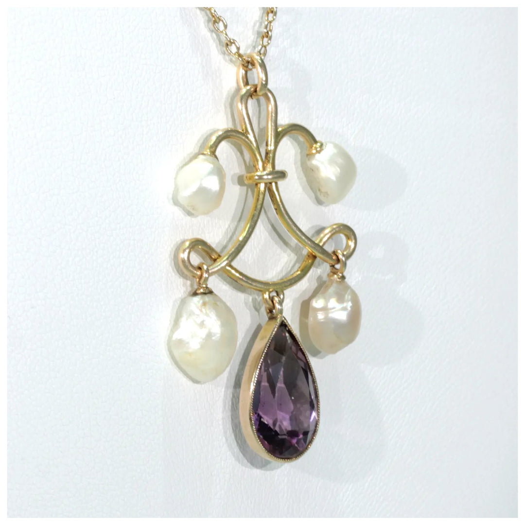 Victorian Amethyst Pearl Gold Necklace Pendant Chain