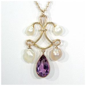 Victorian Amethyst Pearl Gold Necklace Pendant Chain