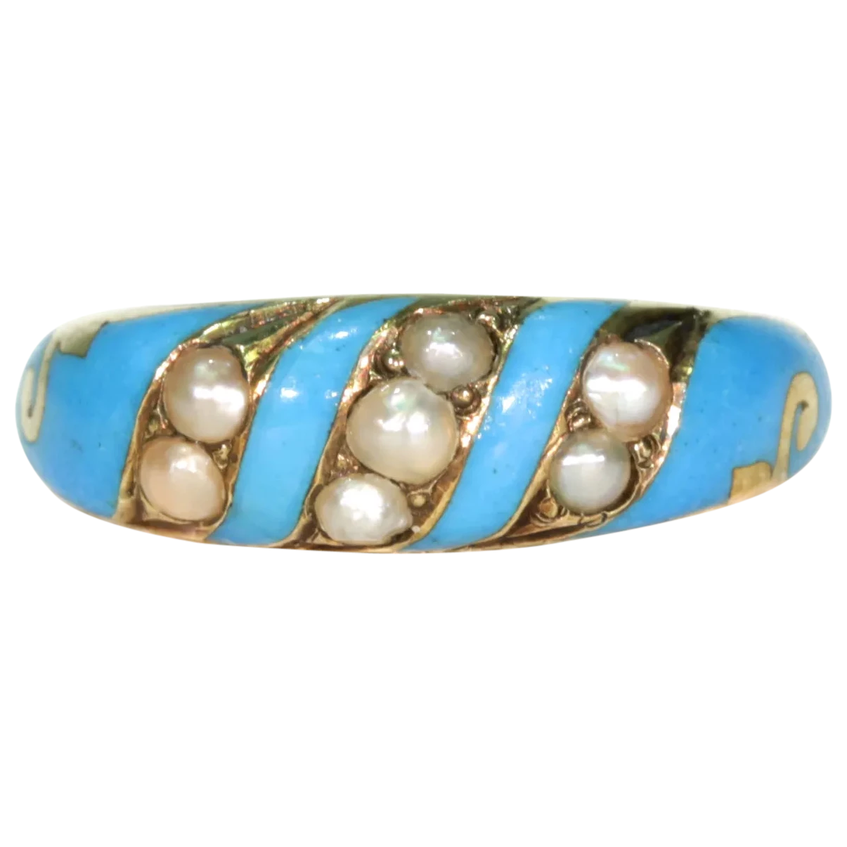 Victorian Blue Enamel Pearl Ring 15k Gold