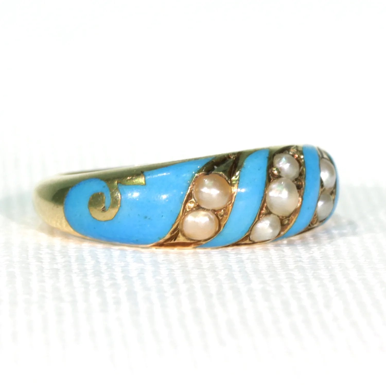 Victorian Blue Enamel Pearl Ring 15k Gold