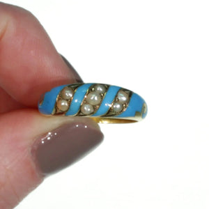 Victorian Blue Enamel Pearl Ring 15k Gold