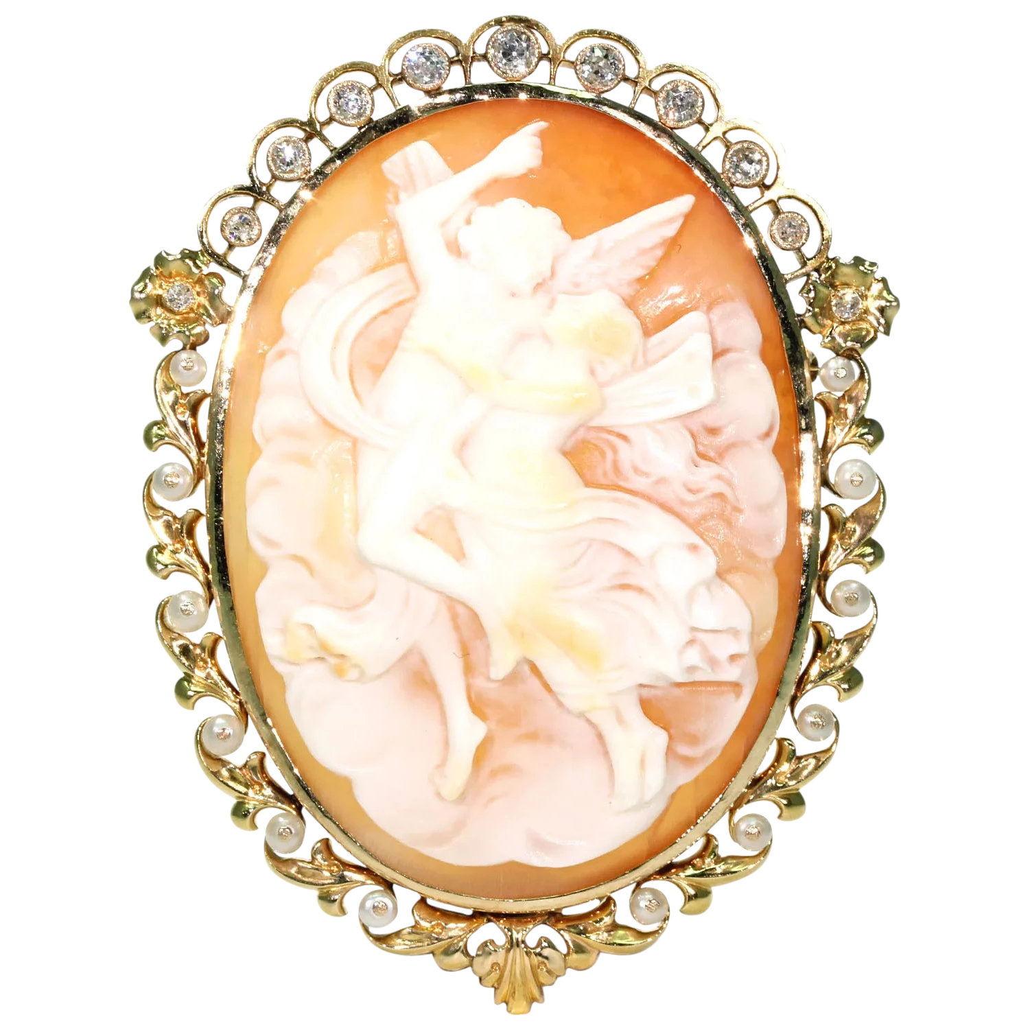 Victorian Cameo Brooch Pin 15k Gold Pearl Diamond Frame