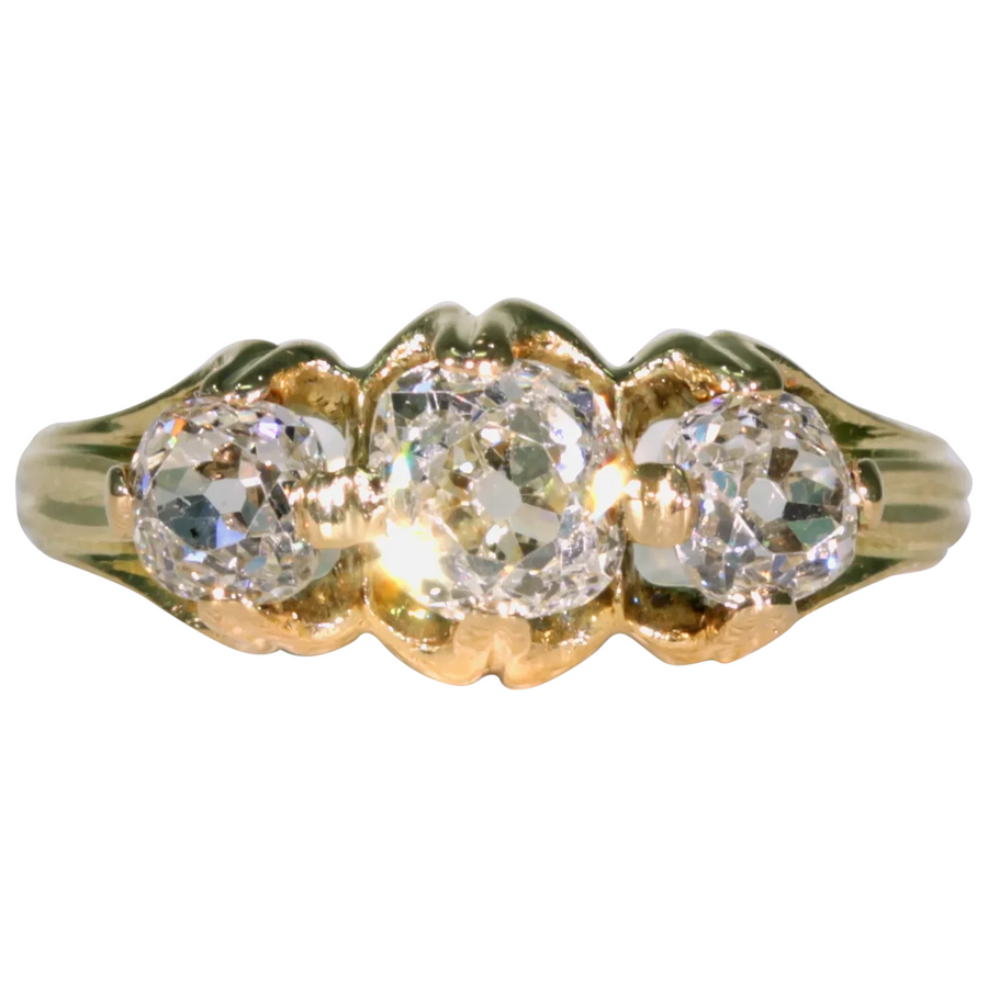 Victorian Cushion Cut Diamond 3 Stone Engagement Ring 18k Gold with Band