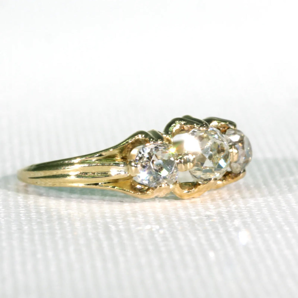 Victorian Cushion Cut Diamond 3 Stone Engagement Ring 18k Gold with Band