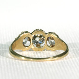 Victorian Cushion Cut Diamond 3 Stone Engagement Ring 18k Gold with Band