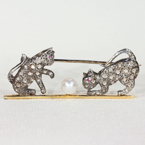 Victorian Diamond Ruby Pearl Playing Kittens Brooch 15k Gold Silver Set