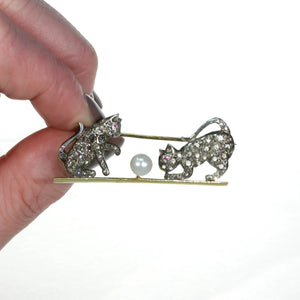 Victorian Diamond Ruby Pearl Playing Kittens Brooch 15k Gold Silver Set