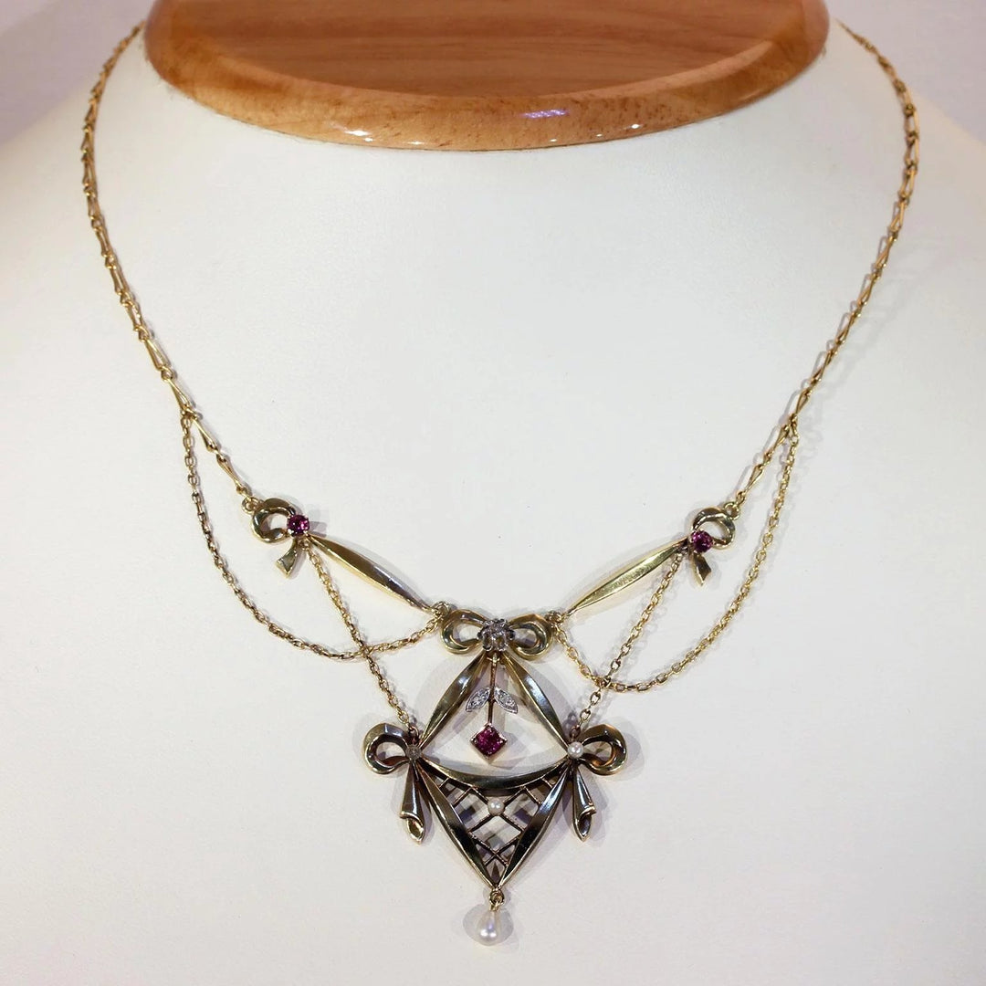 Victorian Gold Silver Ruby Diamond Pearl Necklace