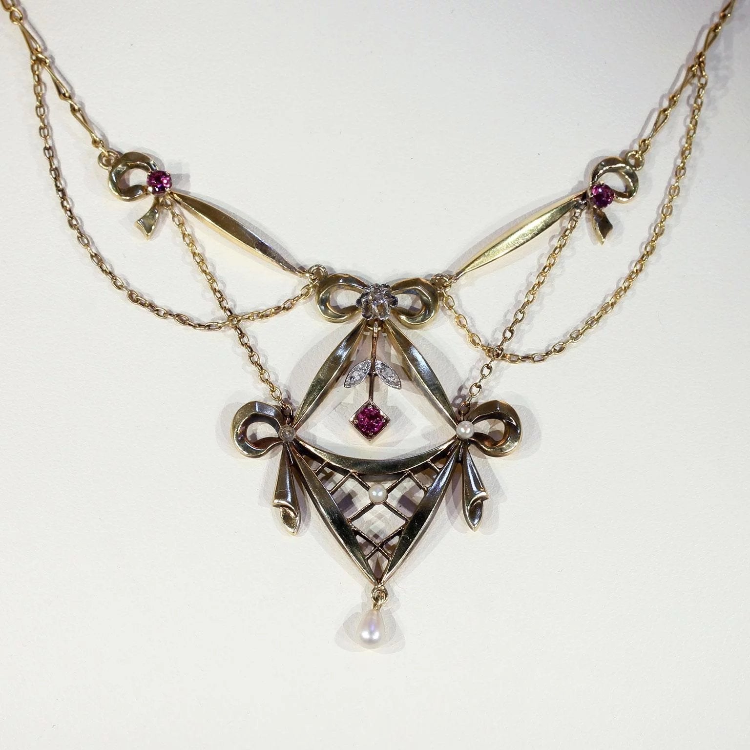 Victorian Gold Silver Ruby Diamond Pearl Necklace