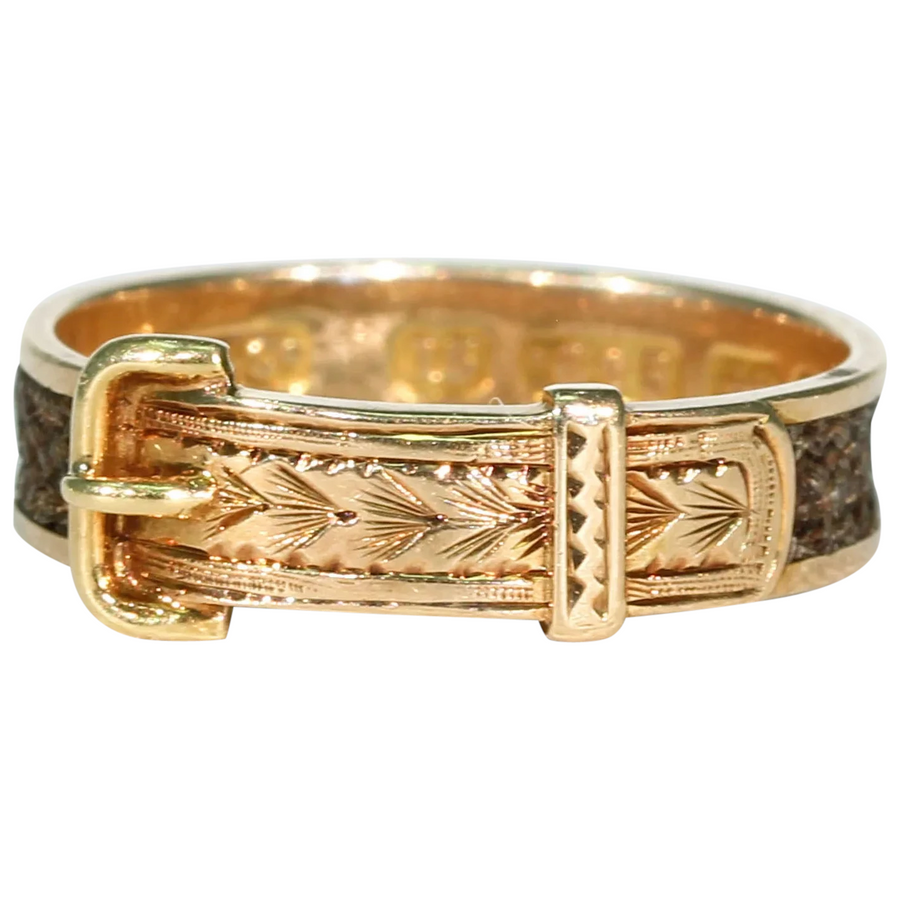 Victorian Memorial Hair Buckle Ring 15k Gold