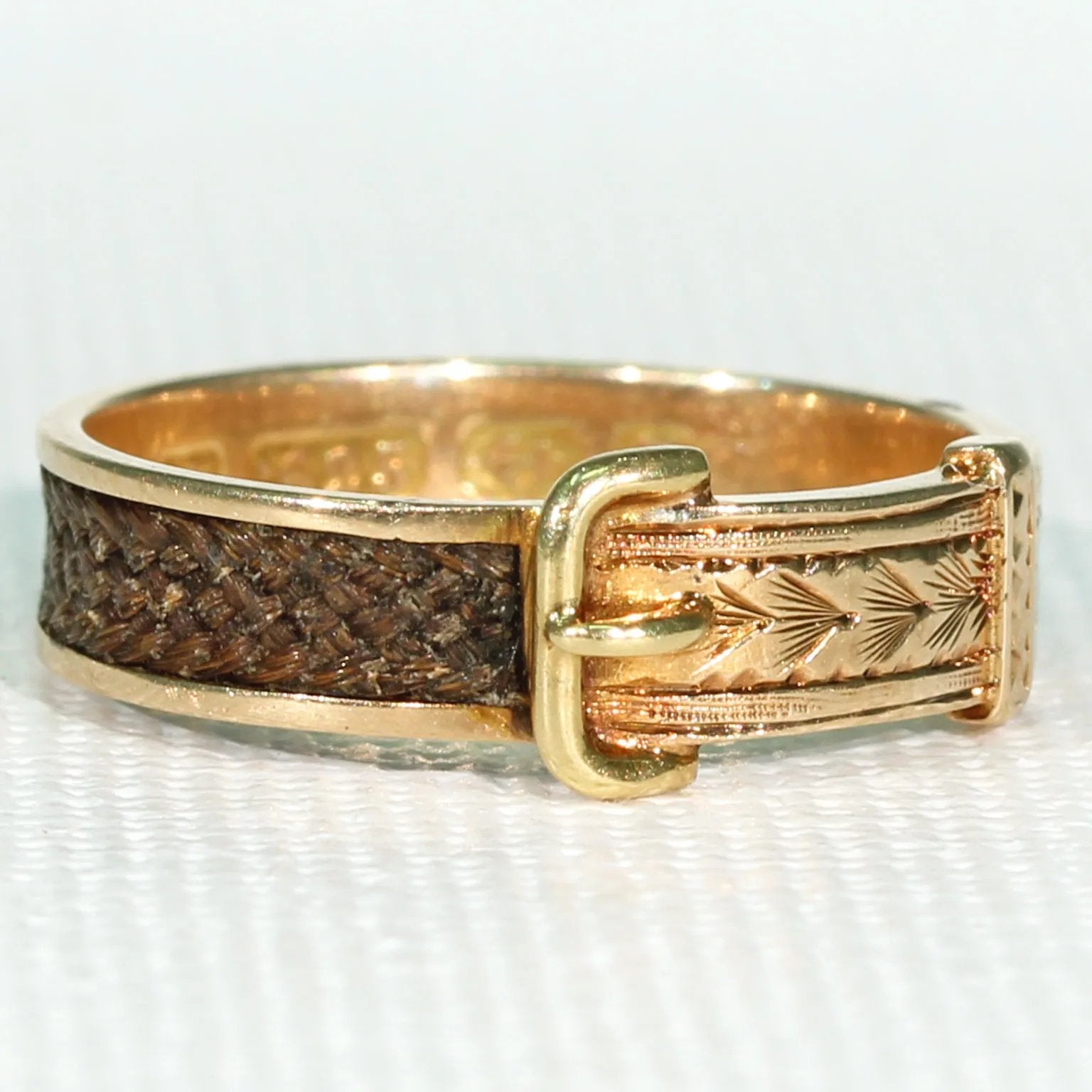 Victorian Memorial Hair Buckle Ring 15k Gold