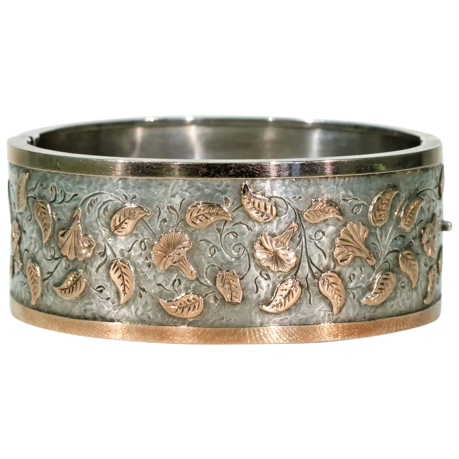 Victorian Morning Glory Silver Bangle Bracelet Gold Accents