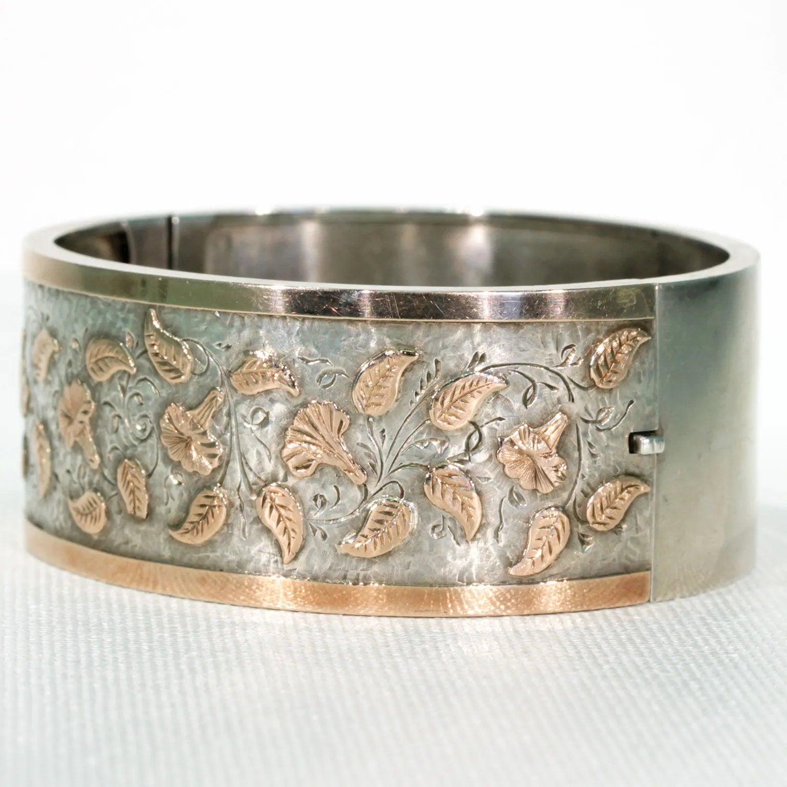 Victorian Morning Glory Silver Bangle Bracelet Gold Accents