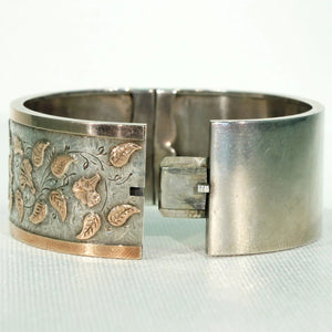 Victorian Morning Glory Silver Bangle Bracelet Gold Accents