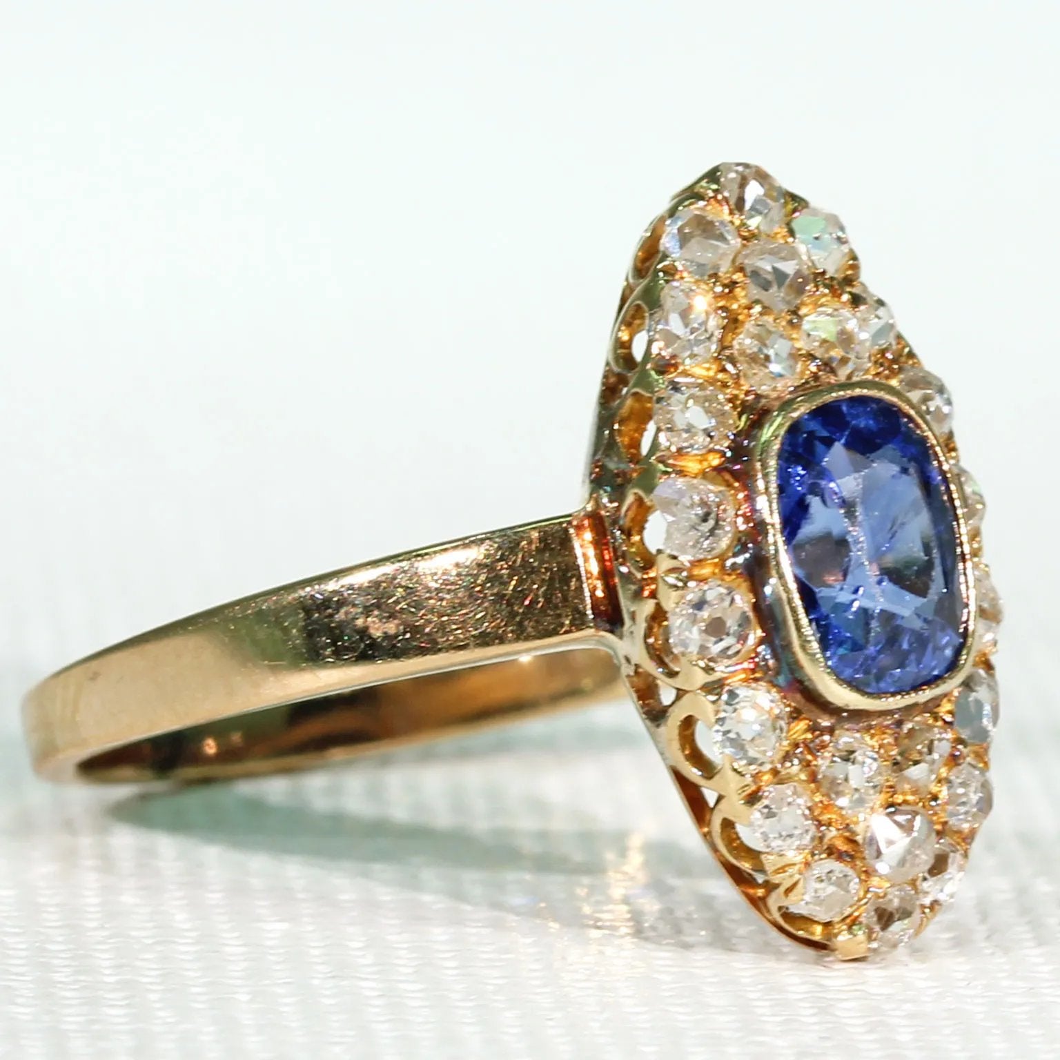 Victorian Navette Sapphire Diamond Cluster Ring