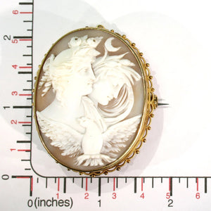 Victorian Night and Day 15k Gold Cameo Brooch Pin