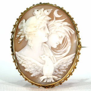Victorian Night and Day 15k Gold Cameo Brooch Pin