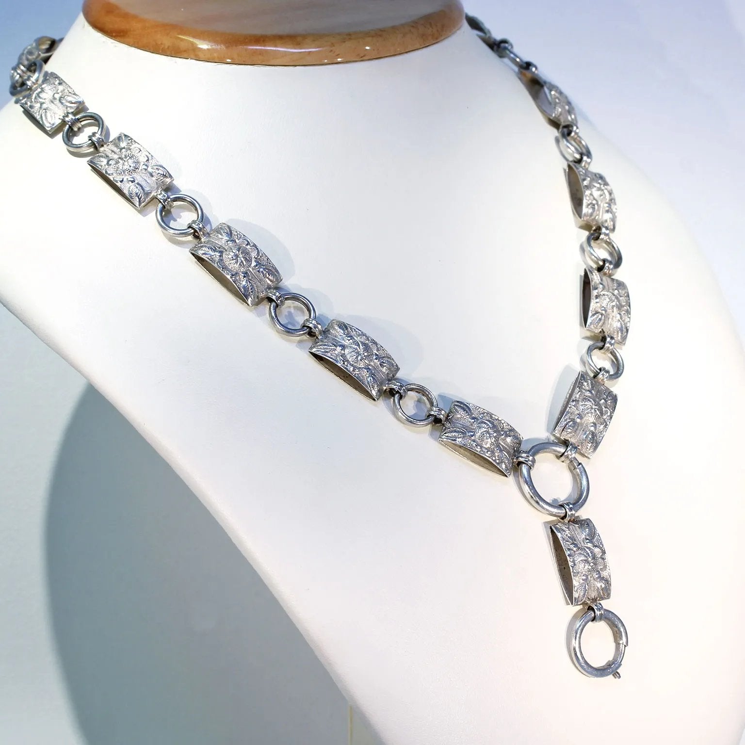 Victorian Repousséd Floral Collar Necklace in Sterling Silver