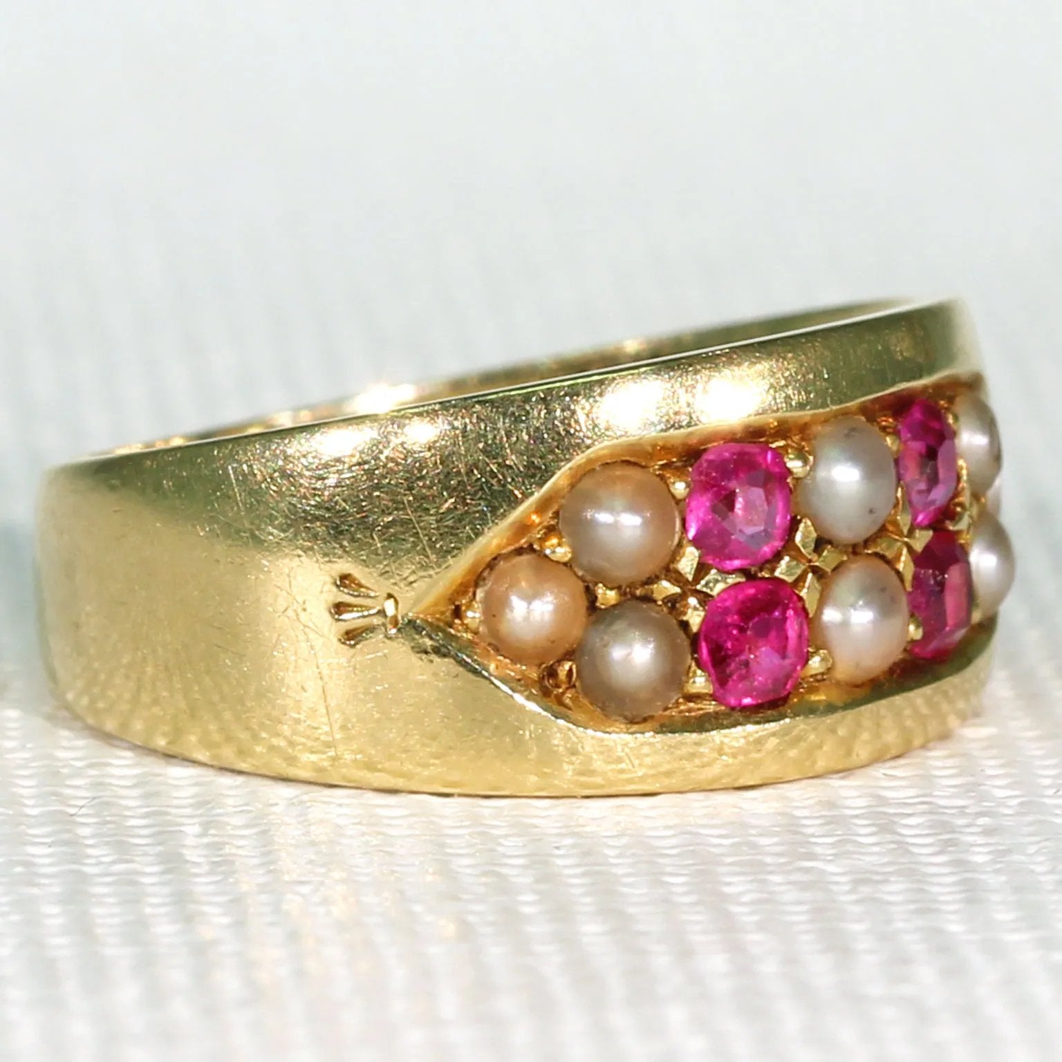 Victorian Ruby & Pearl Band 18K, Inscribed "A to B"