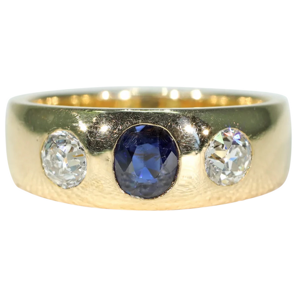 Victorian Sapphire Diamond Gentlemans Gypsy Ring 18k Gold Victoria Sterling