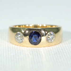 Victorian Sapphire Diamond Gentlemans Gypsy Ring 18k Gold