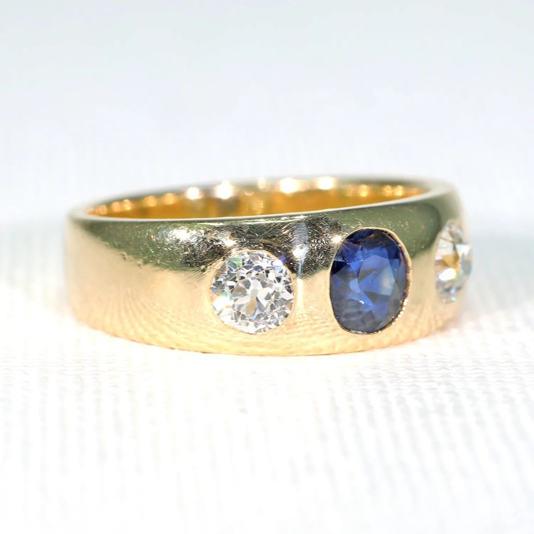 Victorian Sapphire Diamond Gentlemans Gypsy Ring 18k Gold