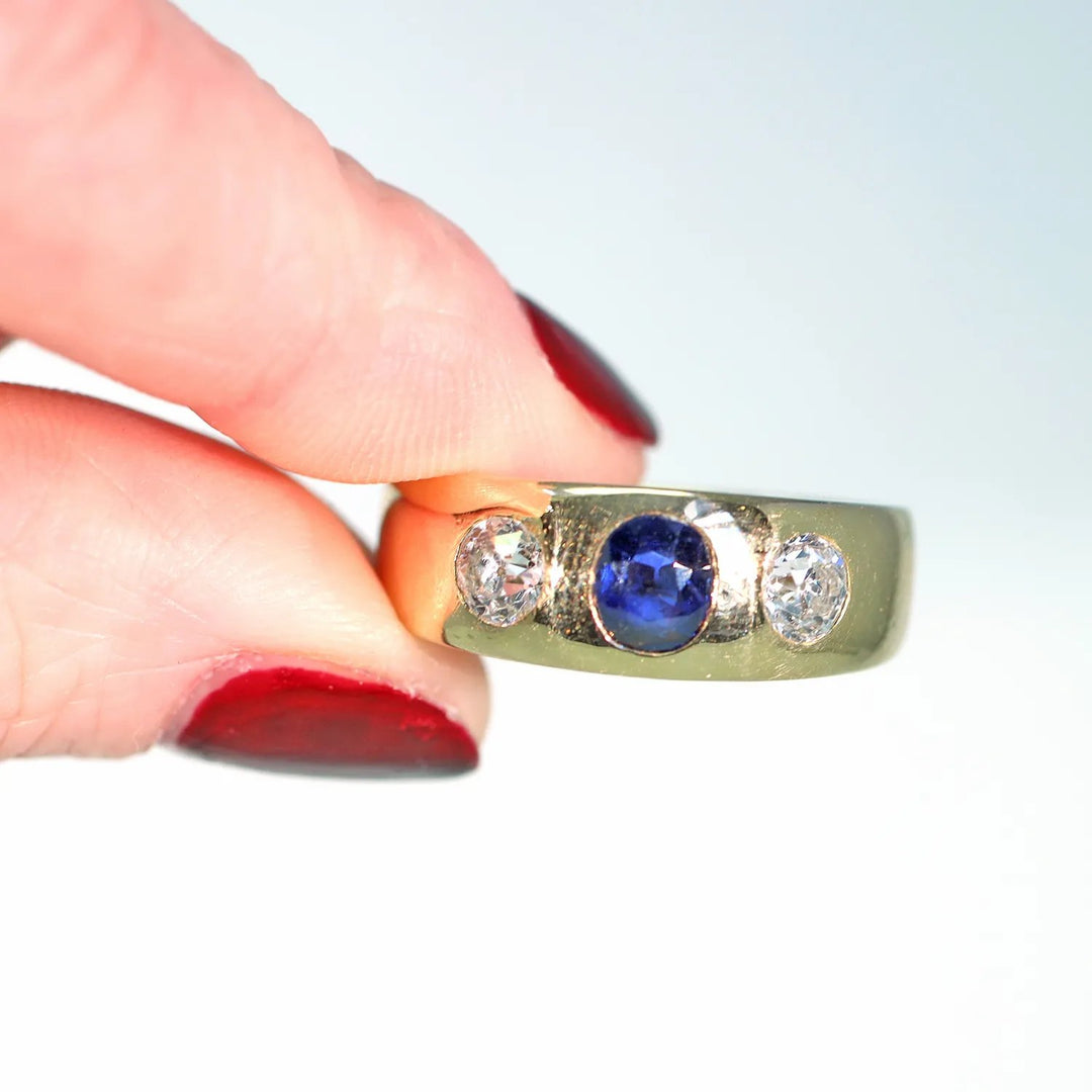 Victorian Sapphire Diamond Gentlemans Gypsy Ring 18k Gold