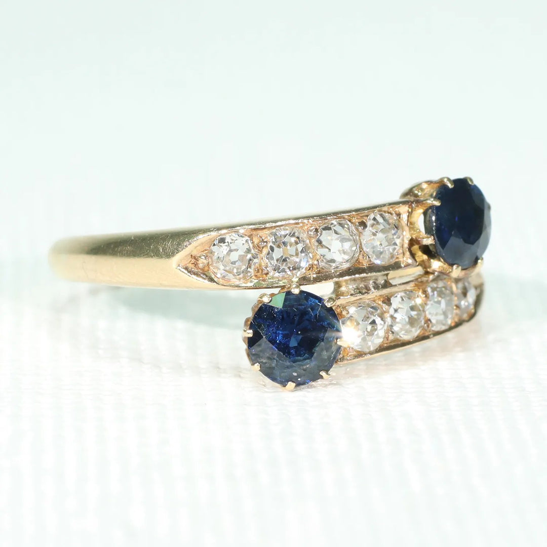 Victorian Sapphire Diamond By-Pass Ring 18k Gold