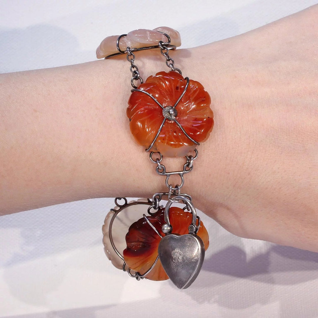 Victorian Scottish Agate Silver Bracelet Heart Lock Pebble Jewelry