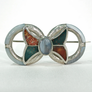 Victorian Scottish Pebble Brooch Pin Silver Bow Agate