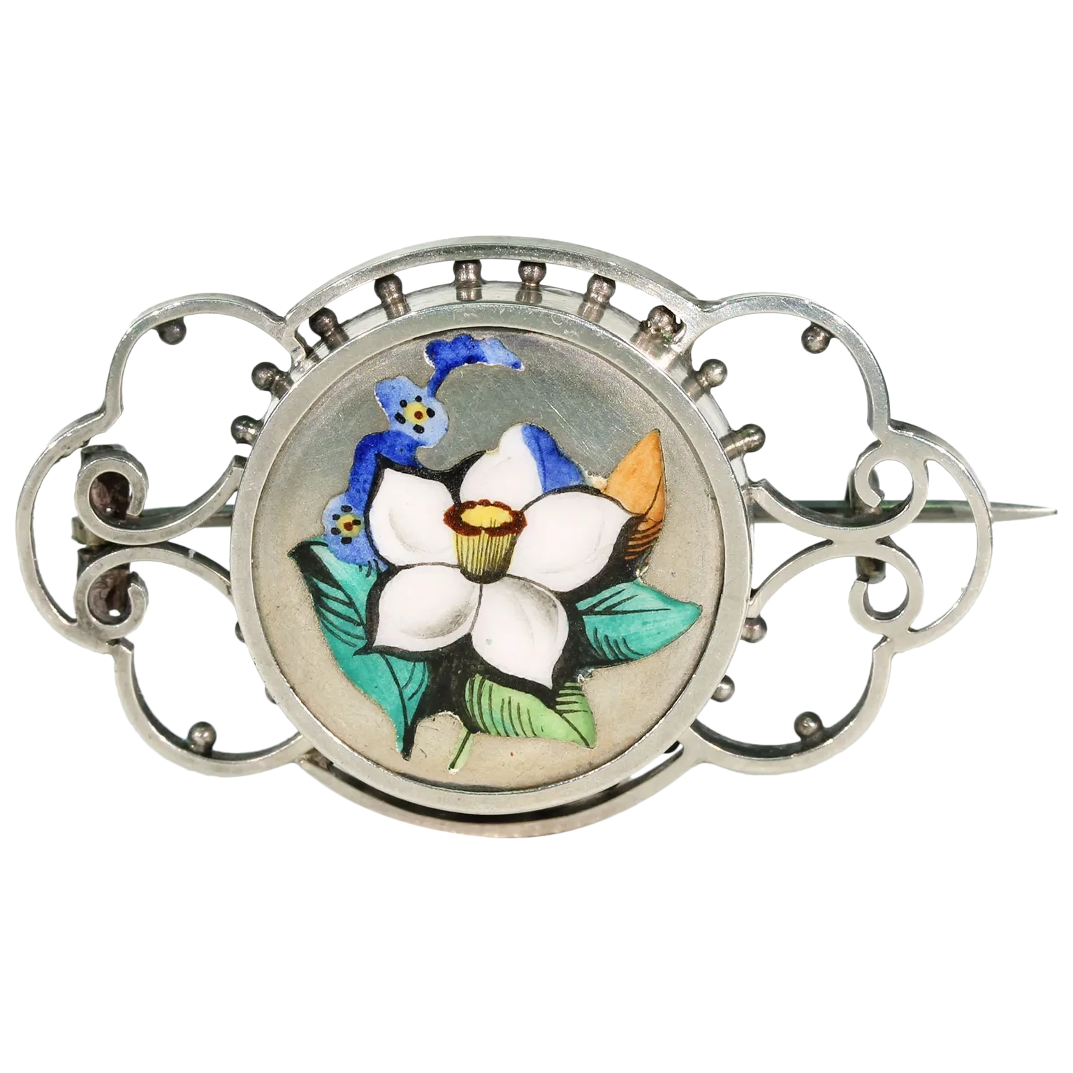 Victorian Silver Enamel Flowers Brooch Pin Daffodil