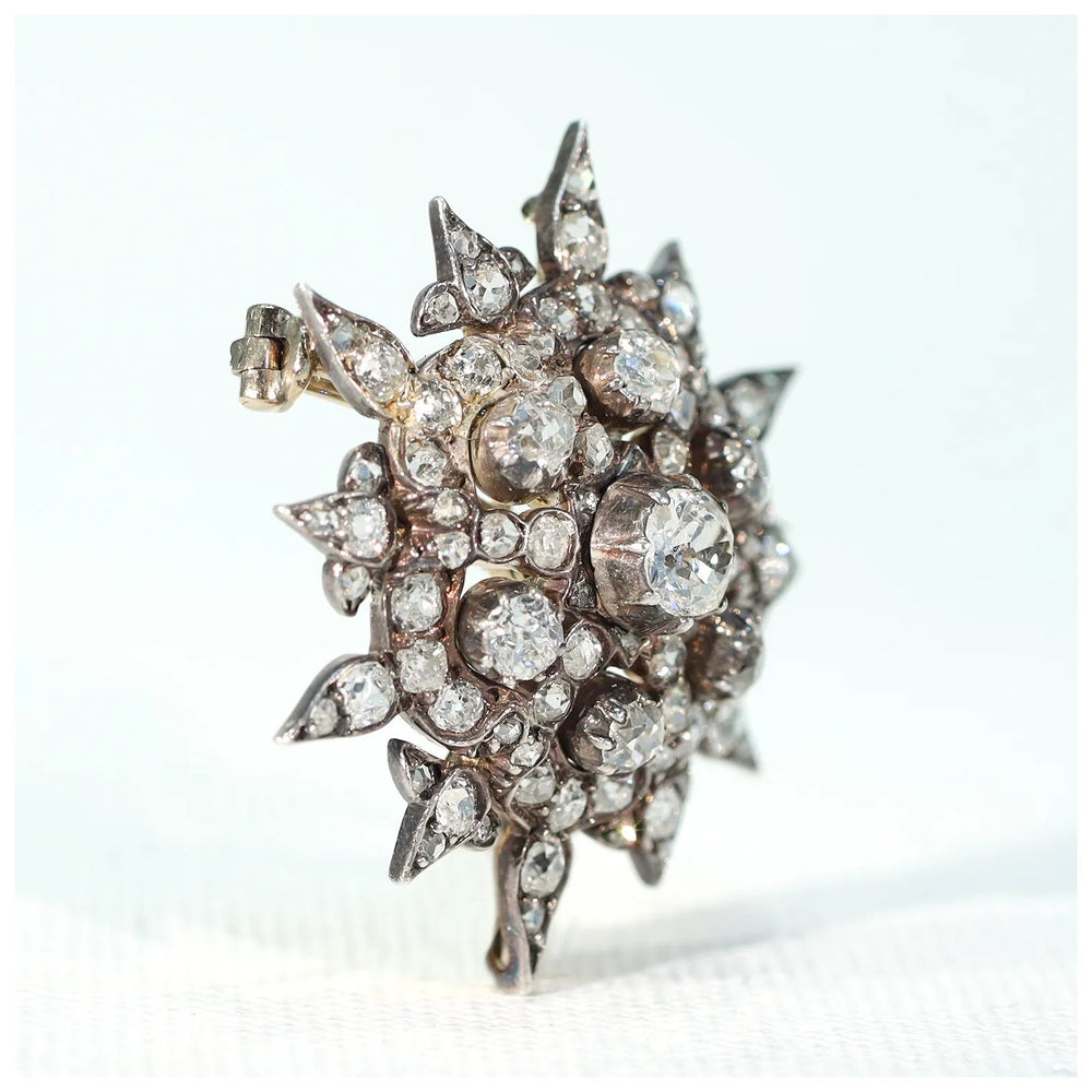 Victorian Starburst Diamond Pendant Brooch 3cttw 15k Gold Silver Set