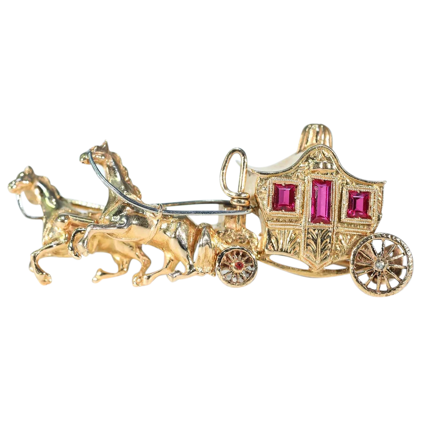 Vintage 18k Gold Ruby Carriage Brooch