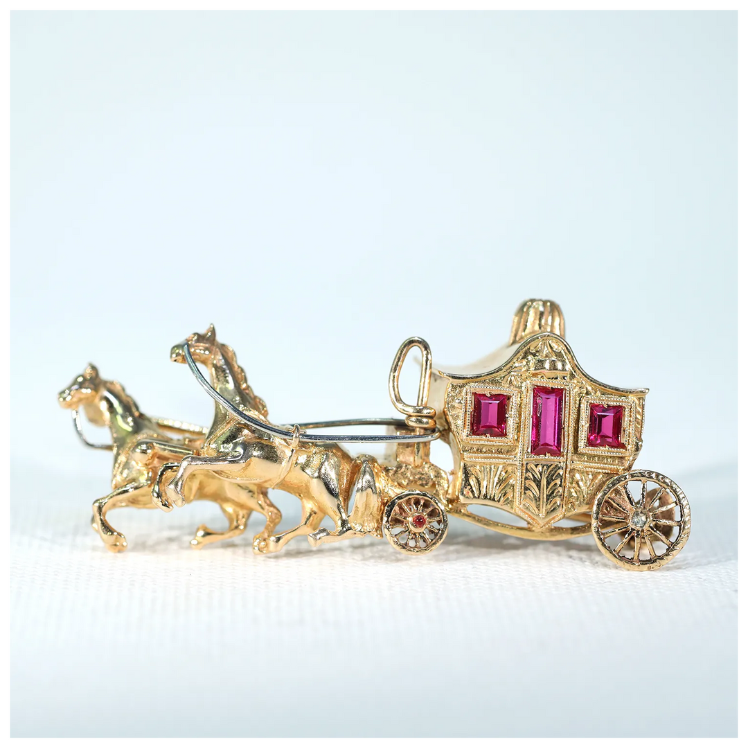 Vintage 18k Gold Ruby Carriage Brooch