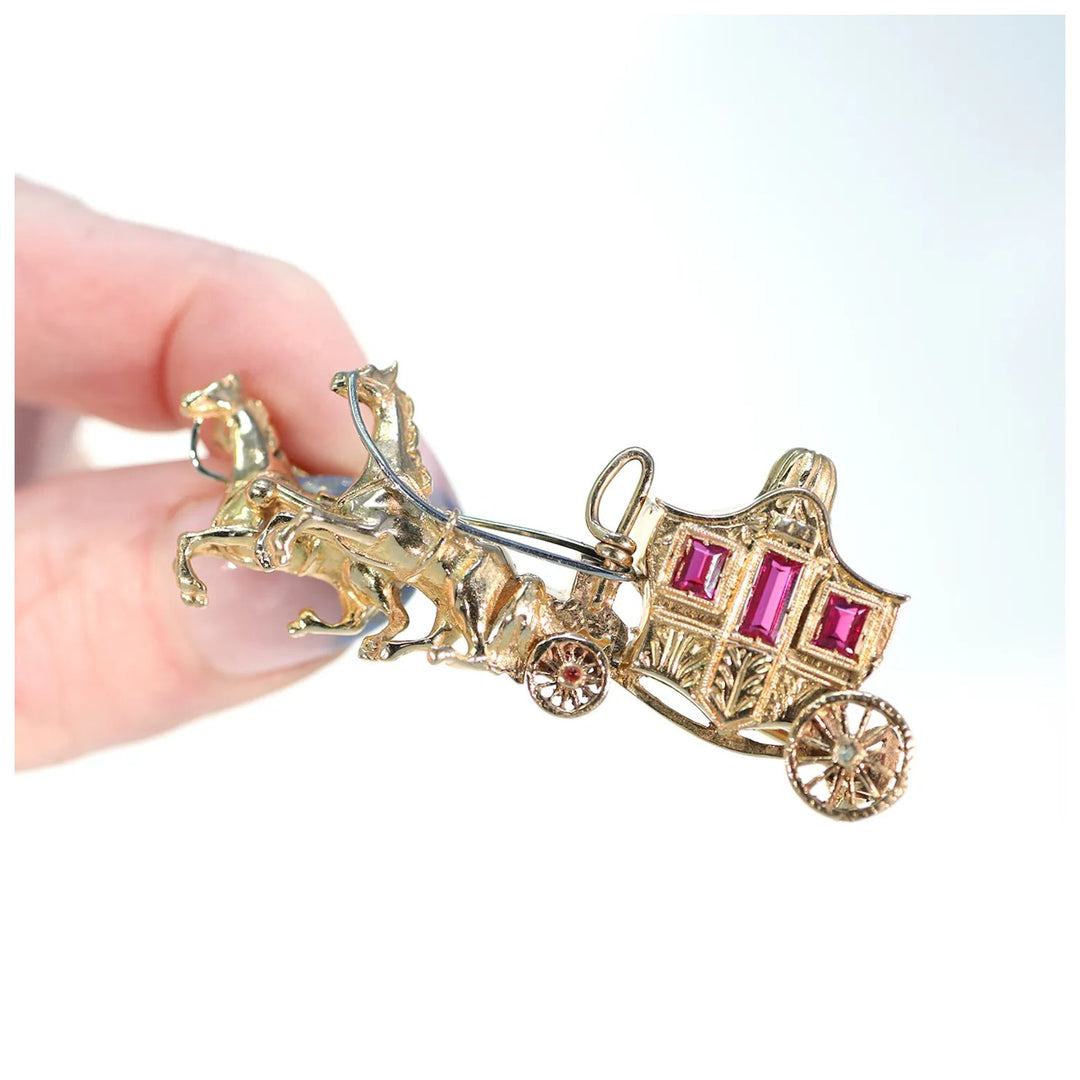 Vintage 18k Gold Ruby Carriage Brooch