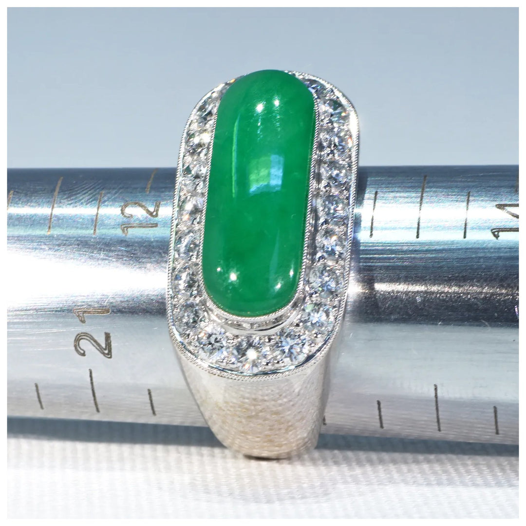 Vintage 1970s Jade Diamond Men's Ring 18k White Gold