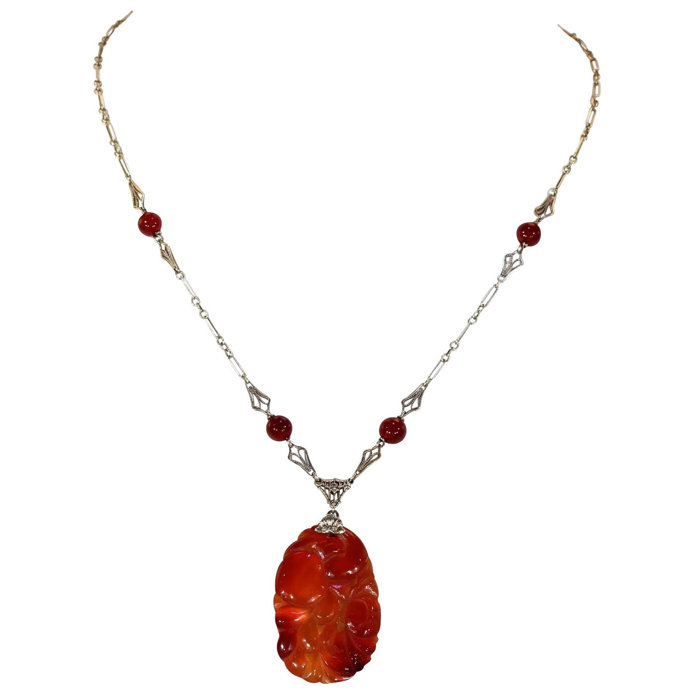 Vintage 20s Gold Carved Carnelian Necklace