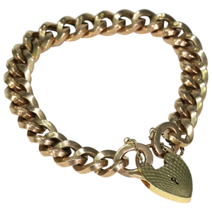 Vintage 9k Gold Curb Link Bracelet Heart Lock Hallmarked 1975